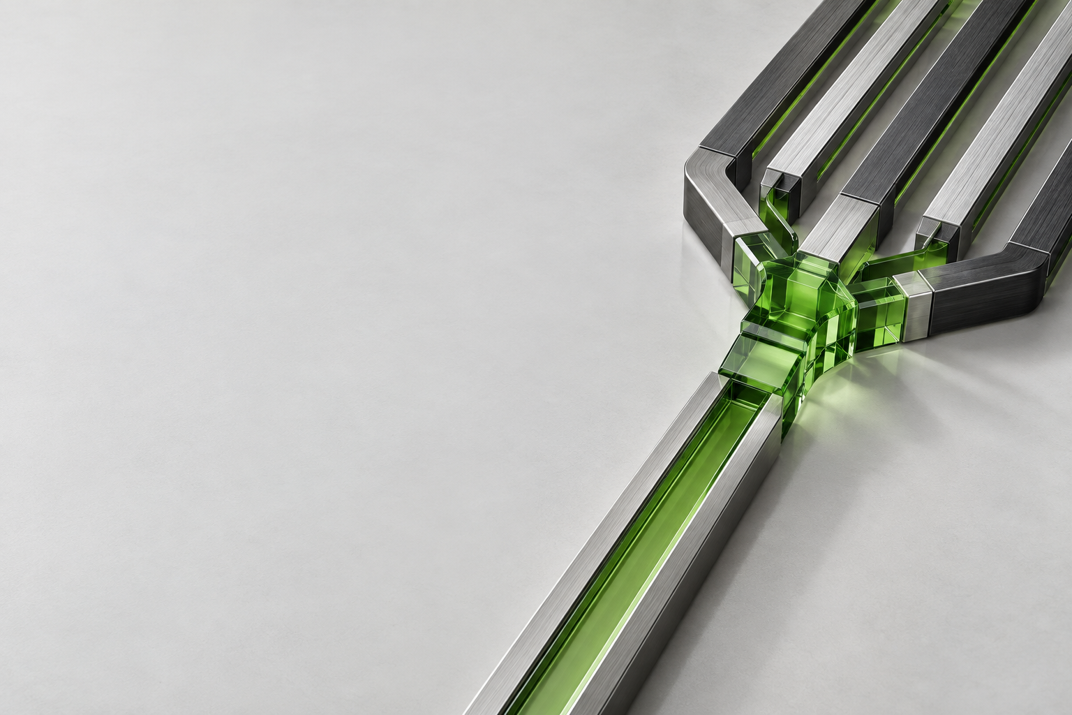 Engineered channels converging into one green glass connection